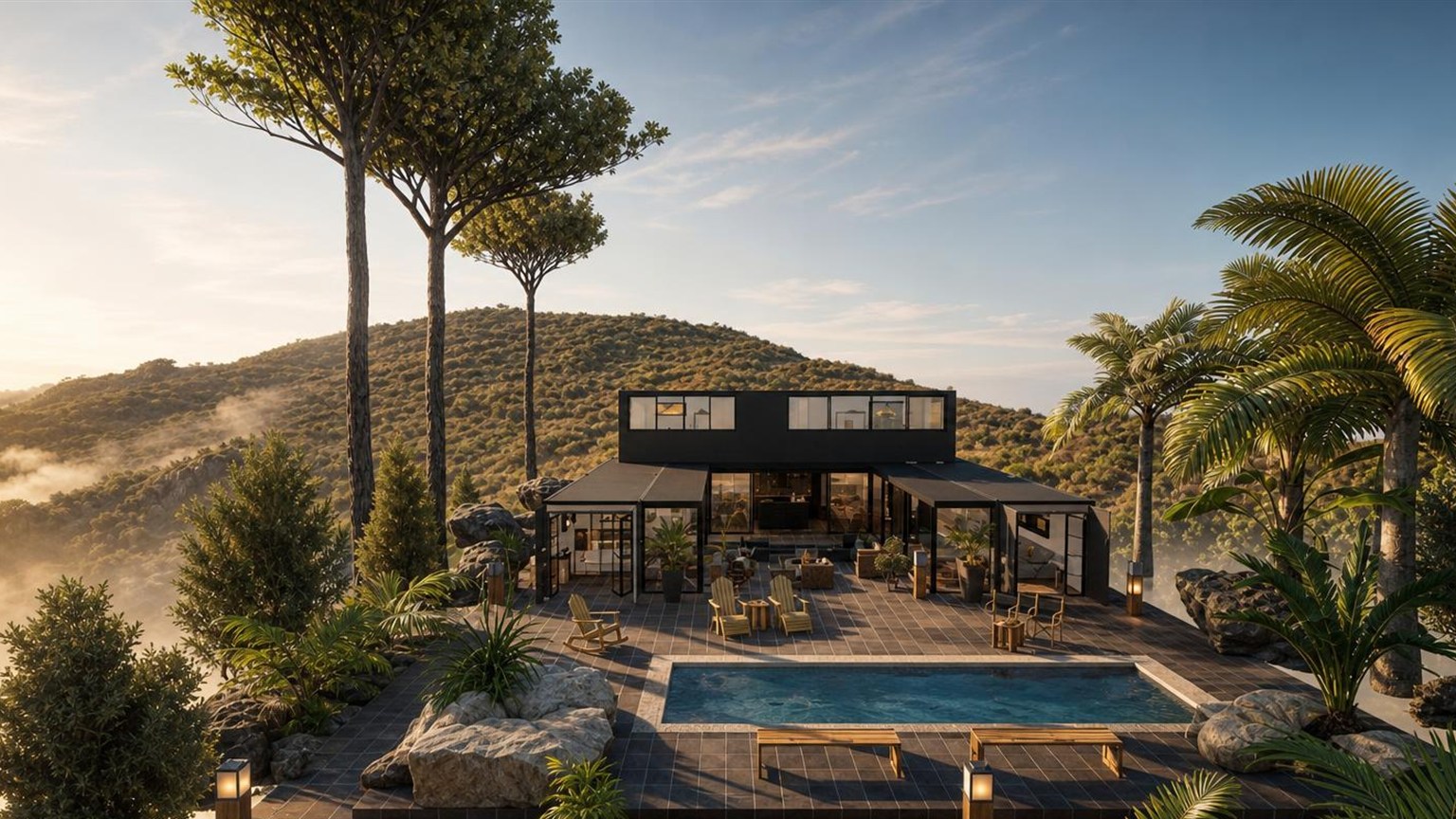 Maison container noire à flanc de colline, terrasse et piscine au lever du jour