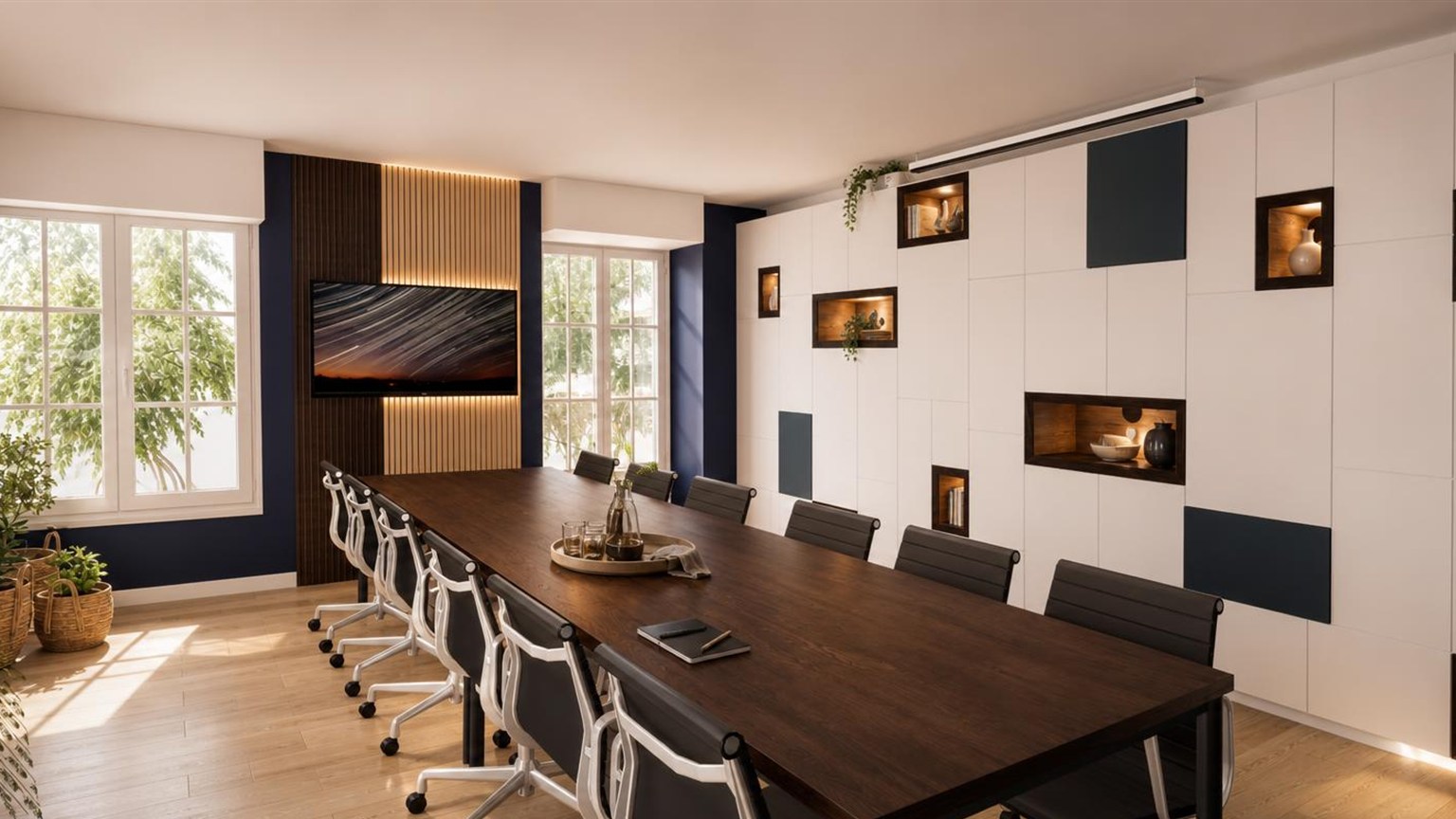 Salle de réunion avec grande table en noyer, mur de rangements blancs à niches éclairées et murs bleu nuit, projet ECDK Bureaux