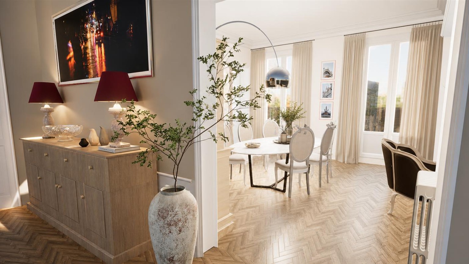 Entrée avec buffet en chêne clair, paire de lampes à abat-jour bordeaux, ouverte sur la salle à manger