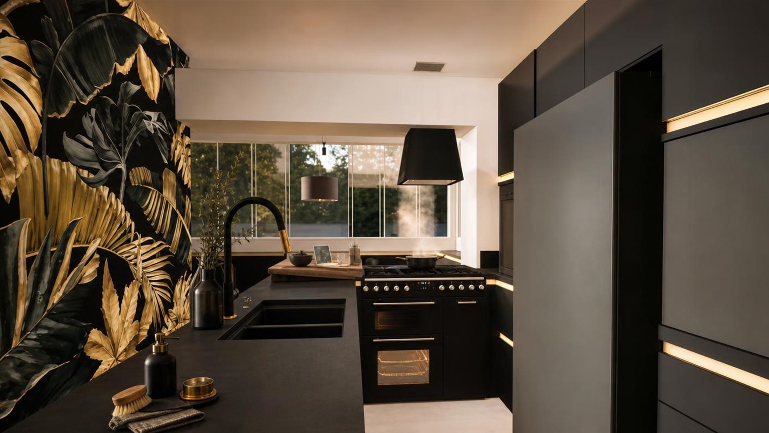 Cuisine noire avec plan de travail sombre et papier peint à feuillages dorés
