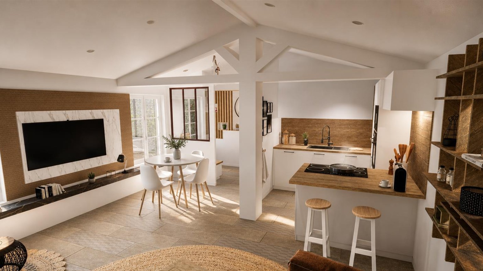Pièce de vie sous charpente blanche apparente : coin salon, table ronde, verrière et cuisine ouverte avec bar en bois
