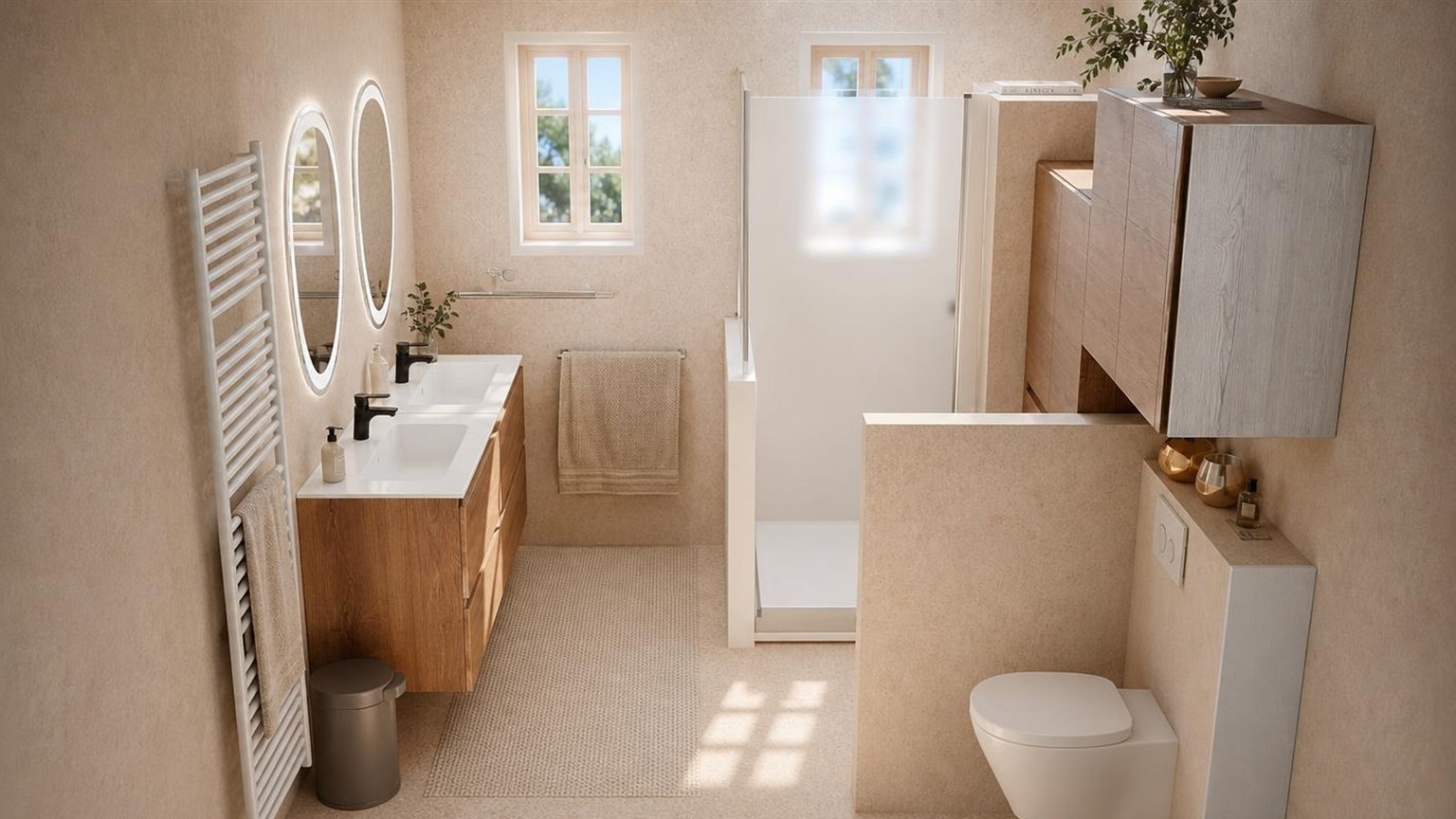 Salle de bains couleur sable, double vasque sur meuble en chêne, miroirs ronds rétroéclairés et sèche-serviettes blanc, L'écrin de sable