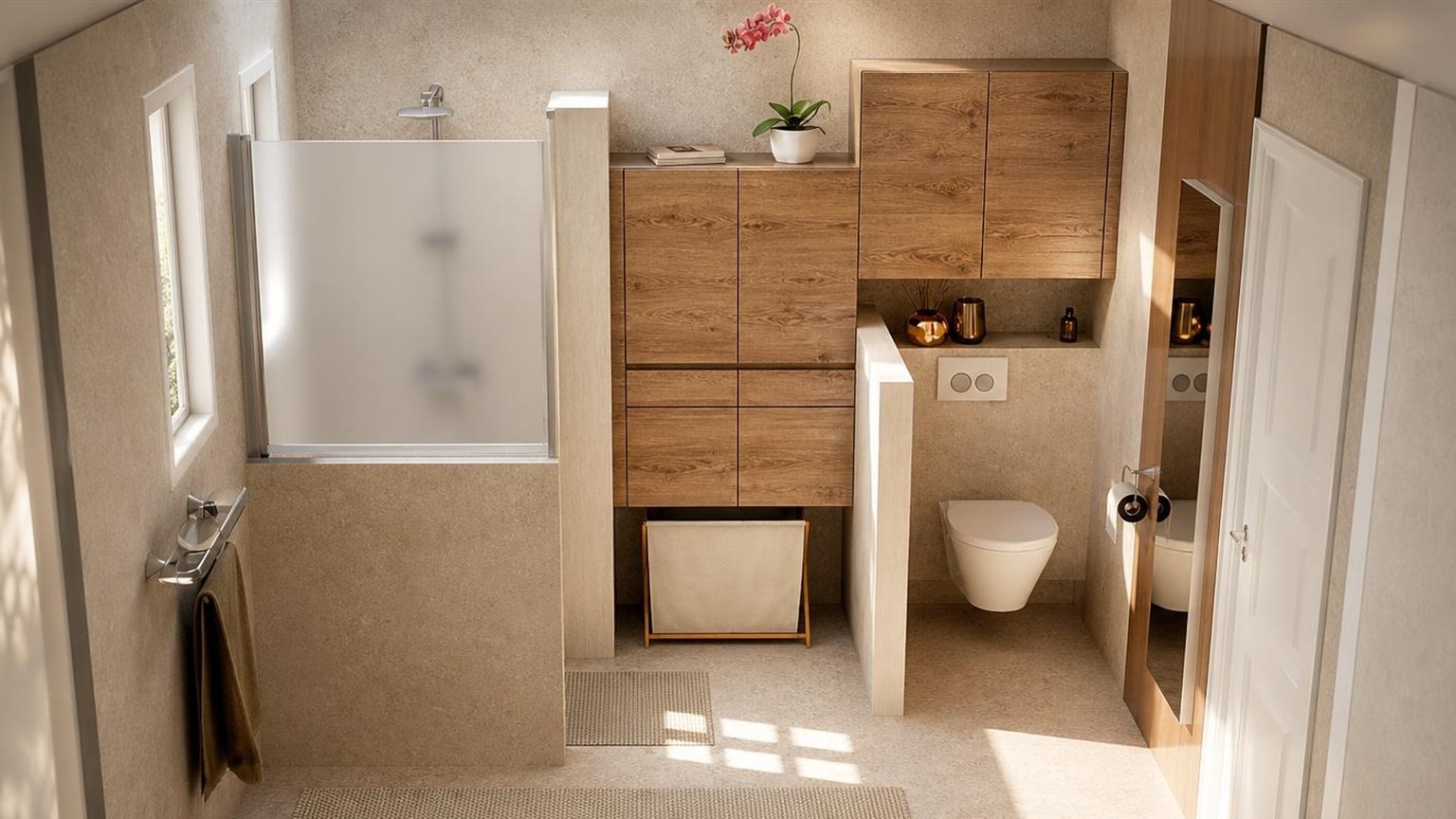 Douche derrière un pare-douche dépoli, rangements en chêne au-dessus du panier à linge et WC suspendu isolé par un muret