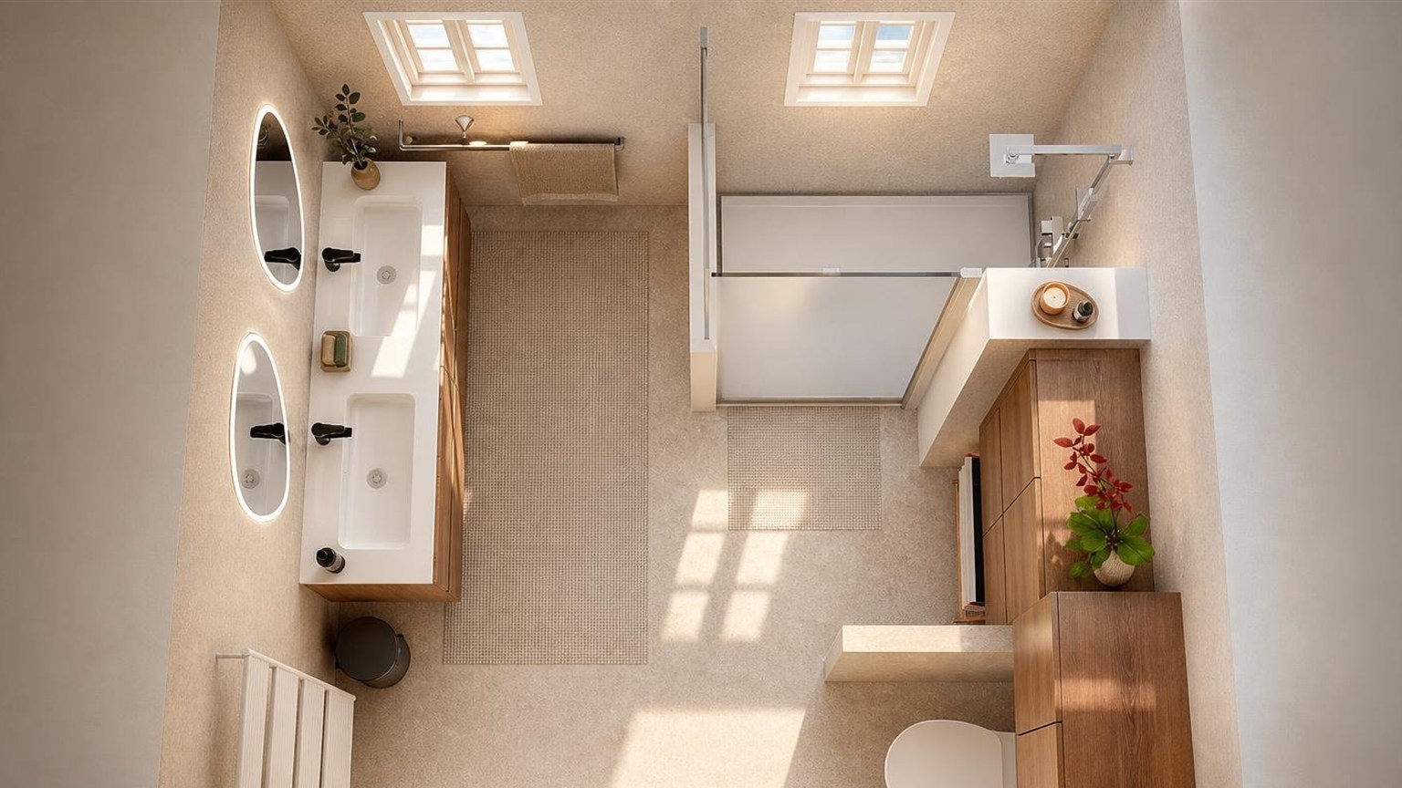 Vue plongeante sur la pièce : double vasque et miroirs ovales lumineux, douche vitrée, rangements en chêne et deux fenêtres